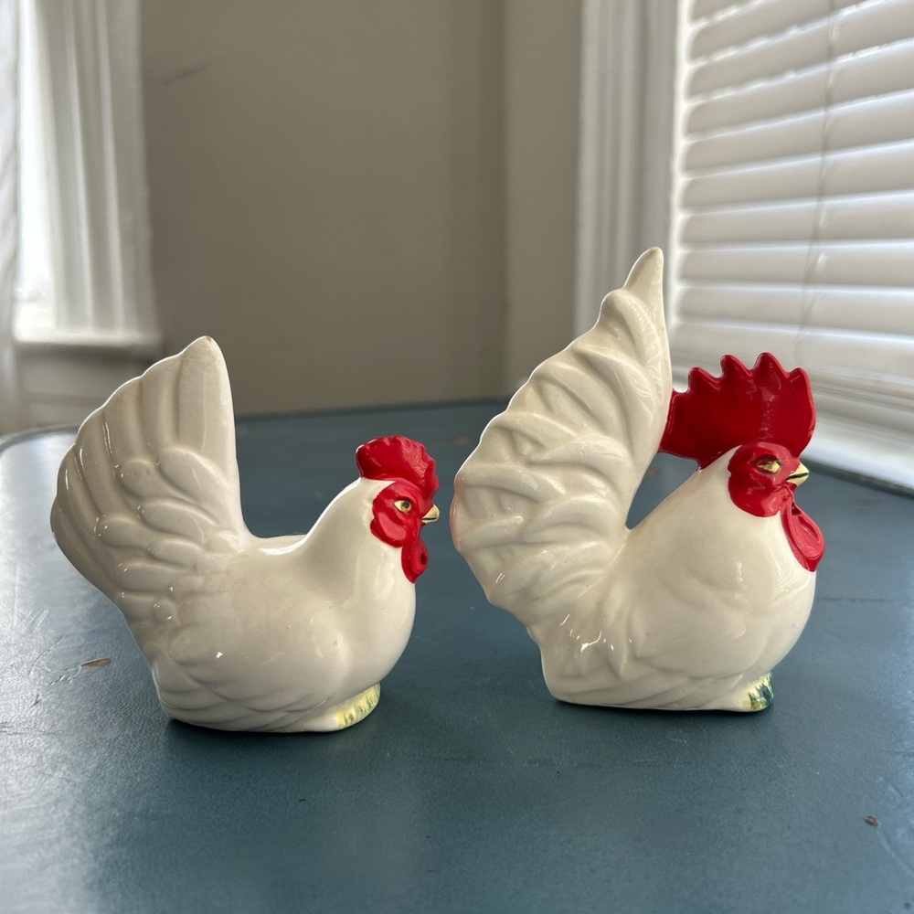 White Ceramic Rooster and Hen Set
